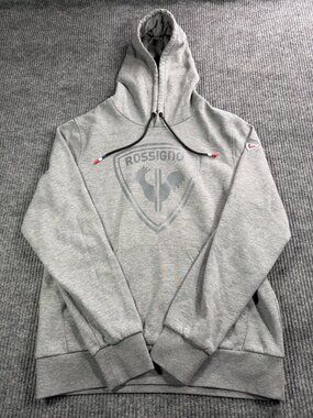 Rossignol Logo Hooded Sweatshirt Men's Medium Gray Pullover Kangaroo Pocket